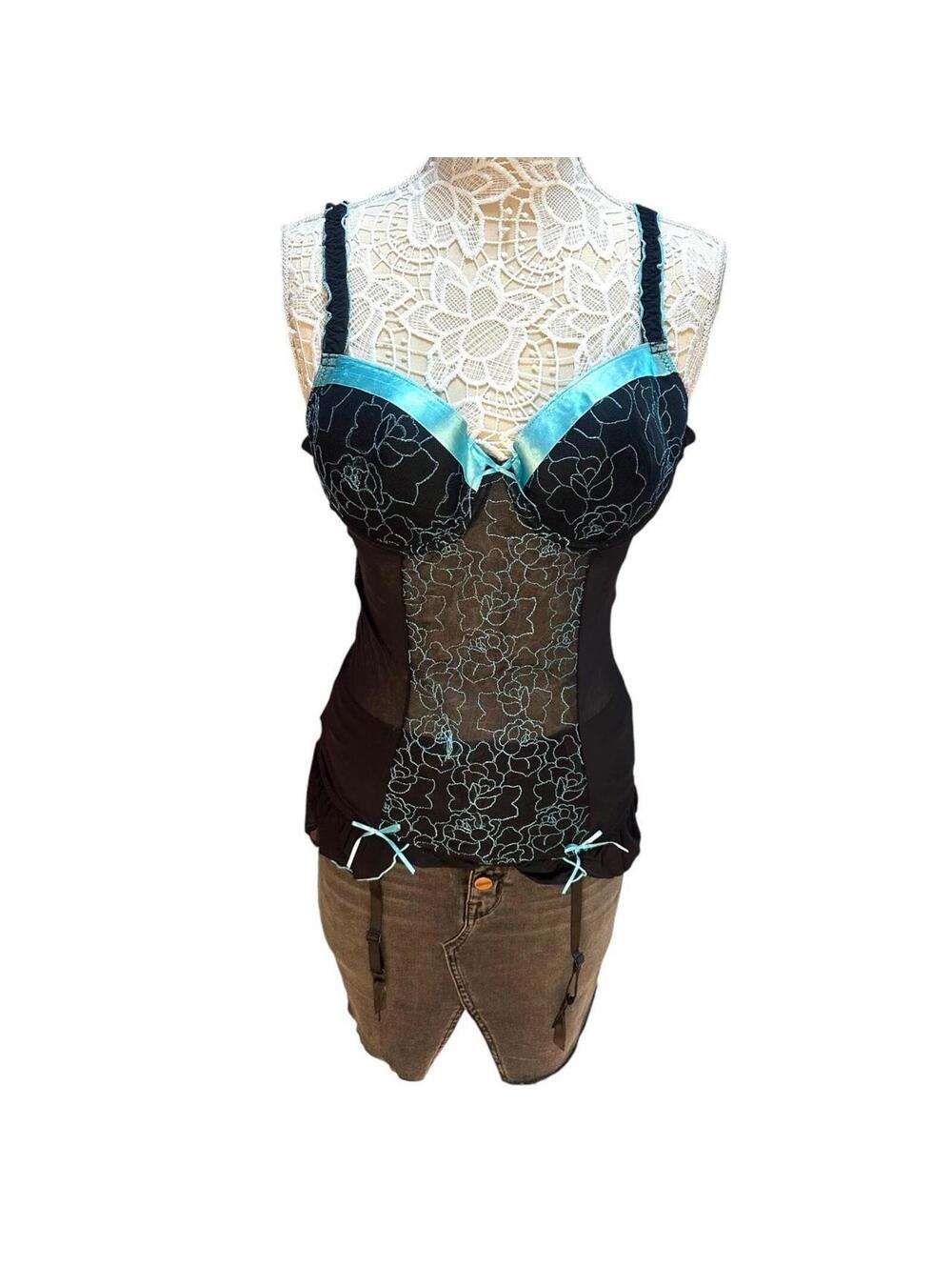 Vintage Undercover Wear Black & Turquoise Floral Corset Top‎